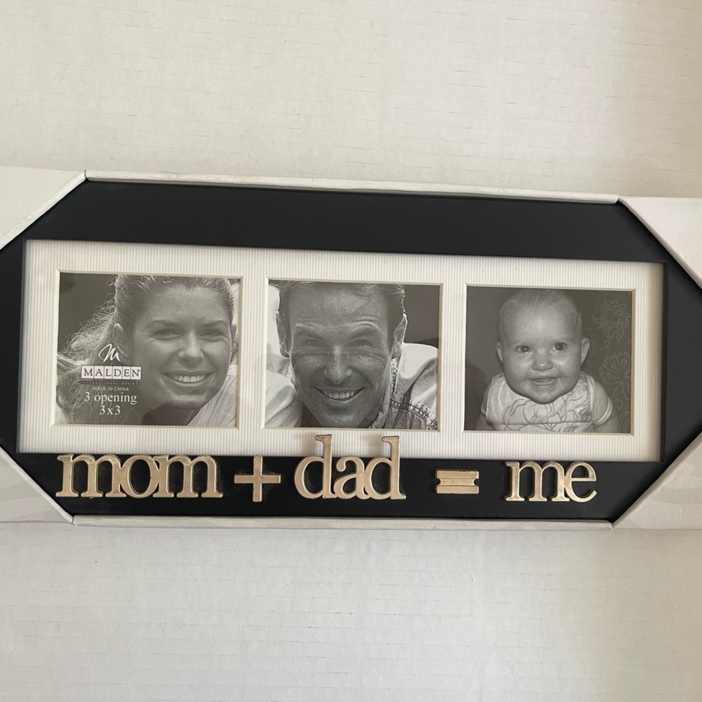 SOLD NIB  Mom + Dad = Me, 3 Photo Openings 3" X 3"  each  Black Frame  Malden